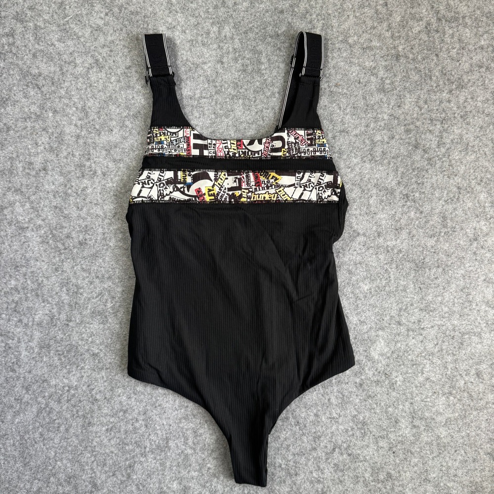 Hurley Womens Ribbed Graphic One Piece Swimsuit Small Black Logo Straps